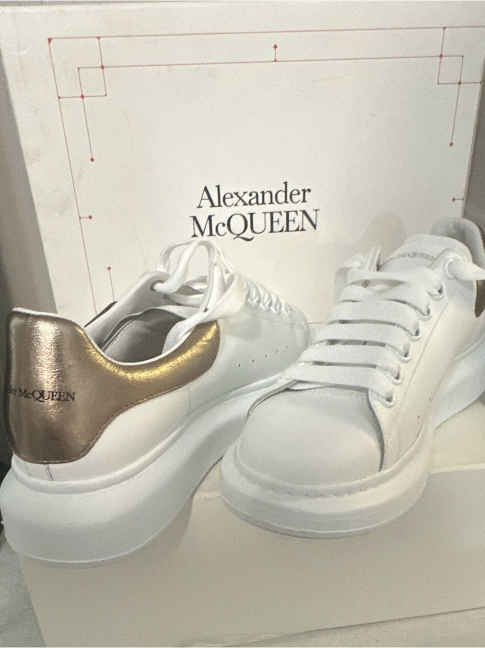Alexander McQueen White Leather Sneakers with Metallic Gold Heel
